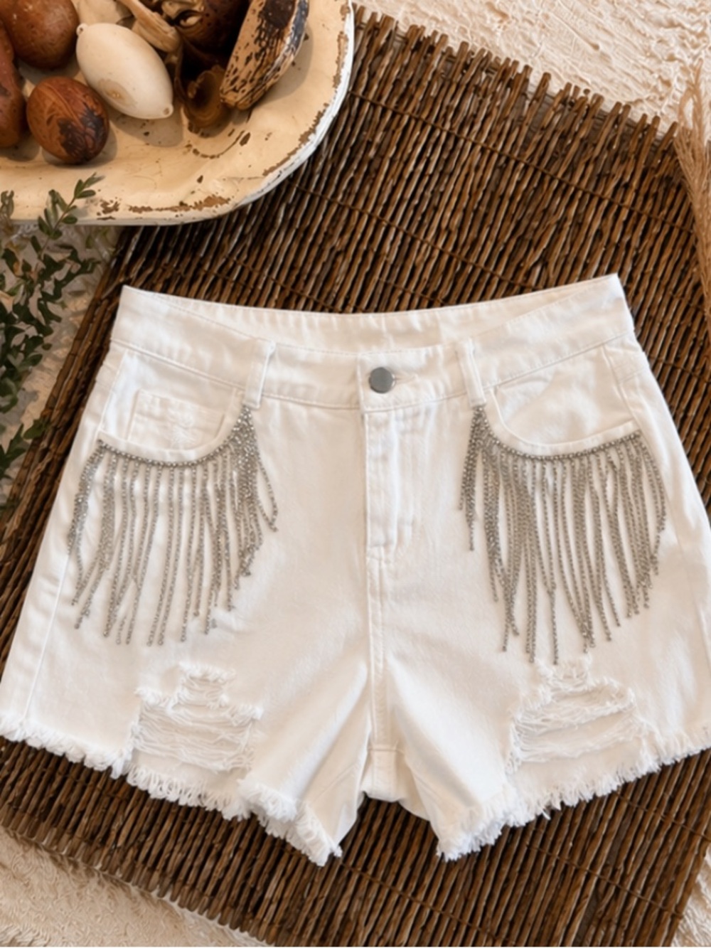 White Denim Jean Shorts with Silver Rhinestone Fringe
